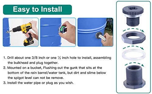 2 Pack PVC Bulkhead Fitting with Plugs for Rain Barrels, Water Tanks, Tub, Pools (3/4 Inch with 4 mm Thick Silicon Seal Gaskett)