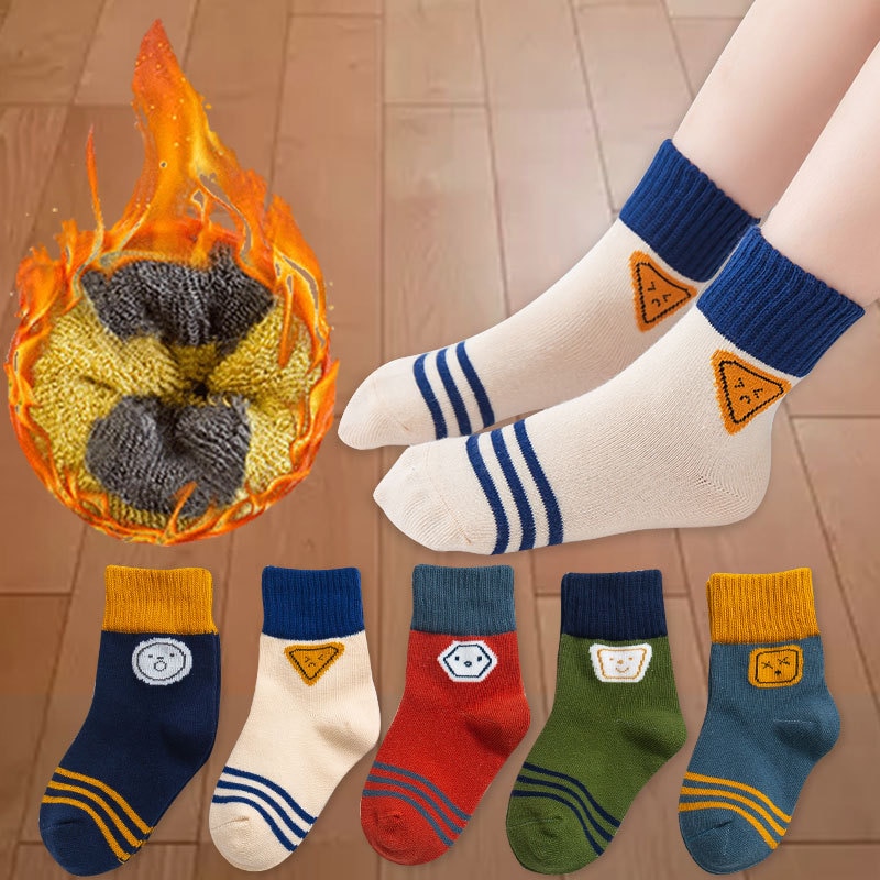 Chaussettes courtes en coton épais pour enfants de 1 à 12 ans, lot de 5 pièces pour filles et garçons: Emoticon / L 6-8Years old