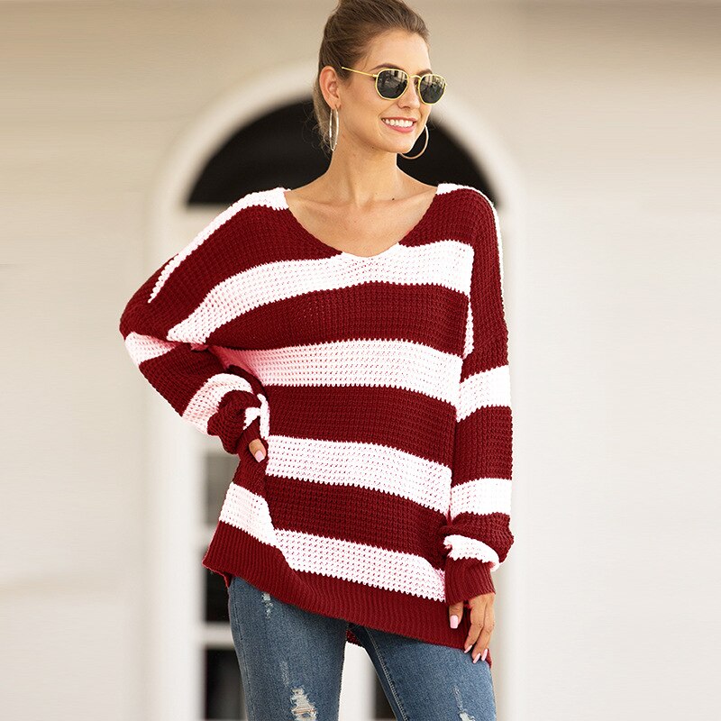 Women’s Strip Color Block Sweater Long Sleeves Warm Knitted Stitching Color Round Neck Loose Pullovers Jumper Tops: L / Red