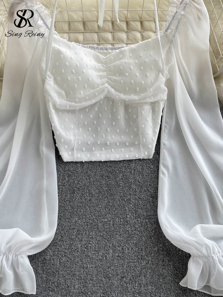 Singiny blusa curta dobrável de bolinhas, verão, gola slash, manga comprida, feminina, gravata halter, cintura elástica, moda praia francesa