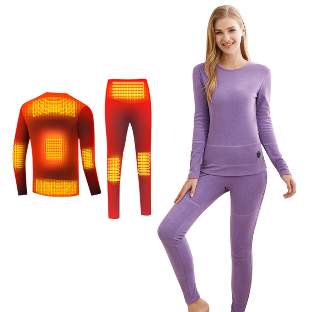 Winter Skiing Heating Underwear Set USB Battery Powered Heated Thermal Tops Pants Smart Phone Control Temperature Warm Suit: L / Purple suit