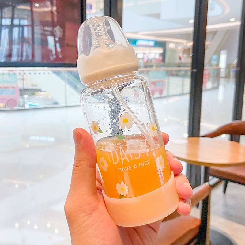 Verres de paille avec couvercle bouteille de lait en verre avec couvercle biberons et tasses pour enfants vaisselle tourisme bouteille en verre avec couvercle: Flower