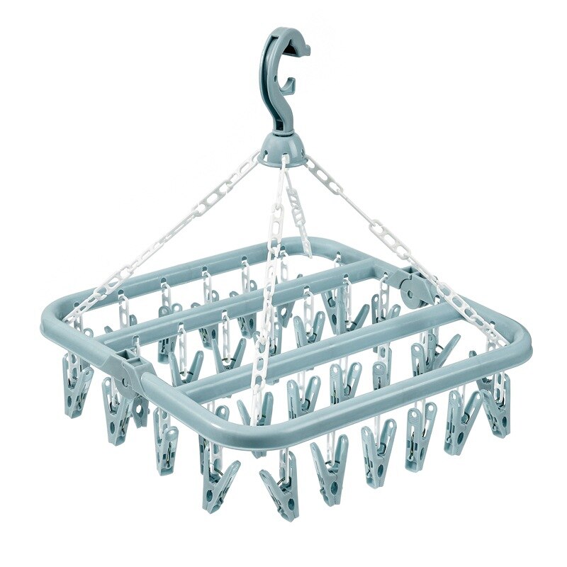 Rotatable Multifunctional Round Drying Rack With 32 Clips Plastic Foldable Clip Space Saving Indoor Socks Drying Rack Hangers: Blue