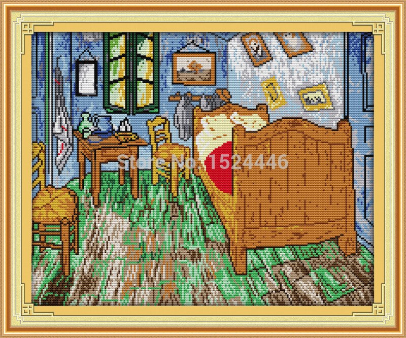 Van Gogh's slaapkamer, Geteld Gedrukt op het doek DMC 11CT 14CT Kruissteek kit, handwerken Sets borduren, huis patronen