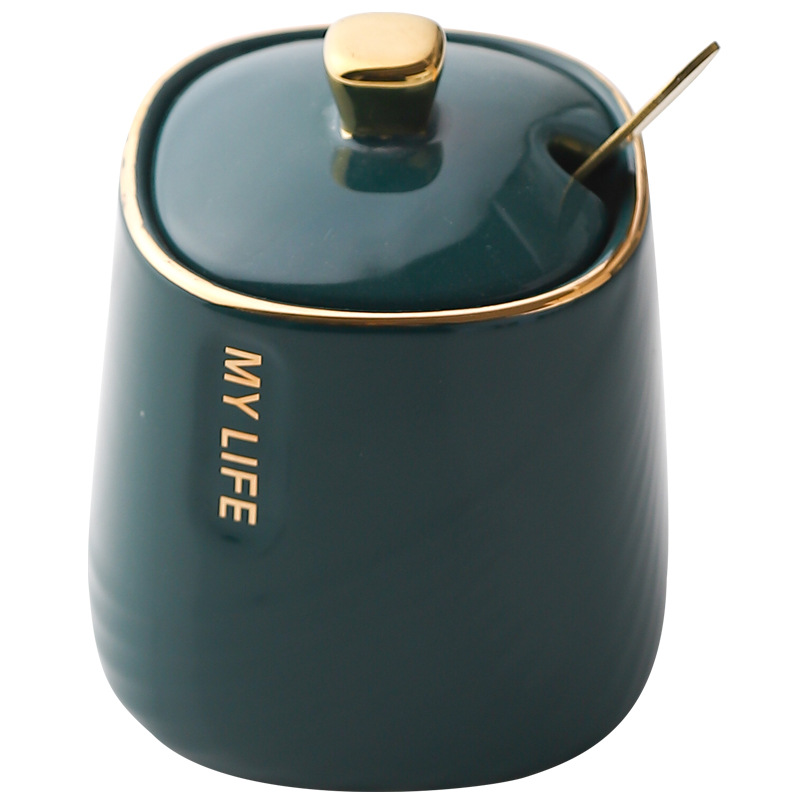 Gold-plated Ceramic Seasoning Jar with Lid Spoon Household Sugar Bowl Chili Box Kitchen Food Container Spice Organizer Rack