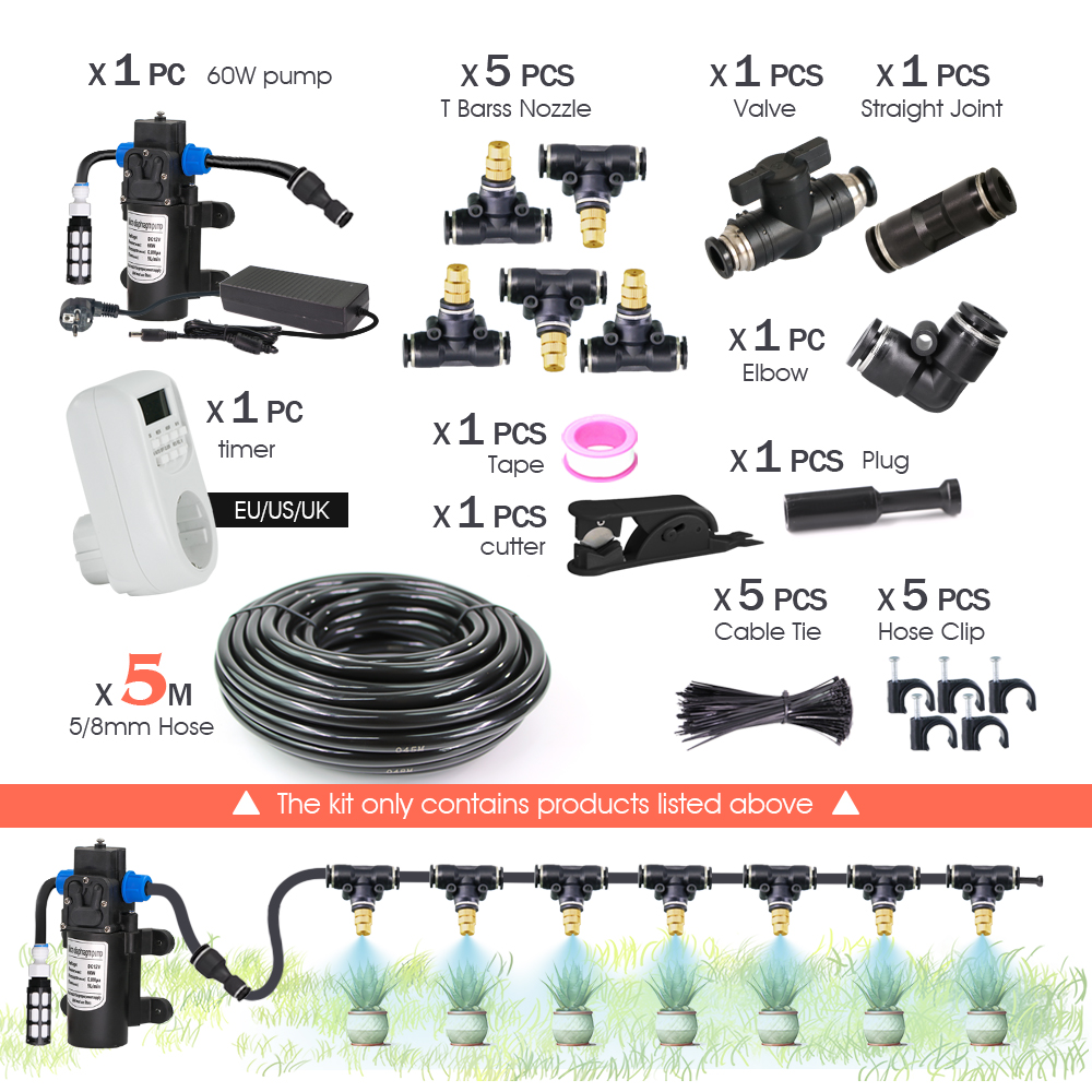 Garden DIY 8mm PE Hose Brass Nozzle Sprayer System Mist Sprinkler 45/60/80/100W Self-Priming Pump Automatic Atomized Irrigation: Clear