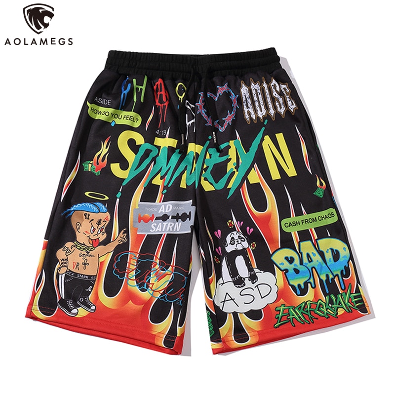 Aolamegs Shorts hommes dessin animé flamme Graffiti imprimer plage genou longueur Shorts Hip Hop Bermuda Style taille élastique haute rue été
