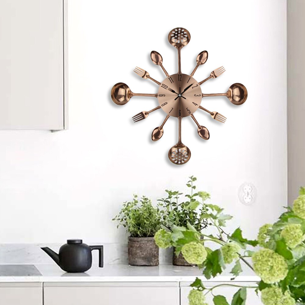 Cutlery Kitchen Clock Wall Copper Metal Spoon Fork Wall Decor Clocks Modern Art Horloge 3d Wall Clock 2022