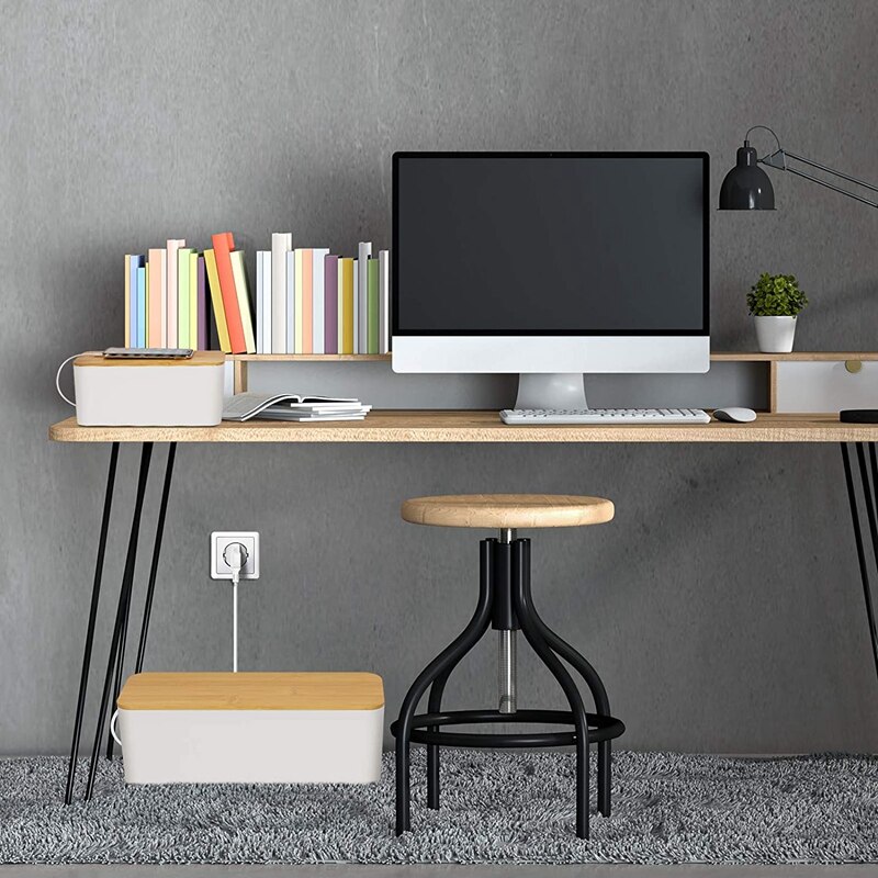 2 Cable Storage Box Large Cable Organizer Box with Bamboo Lid for Hiding Messy Cables Wire Management