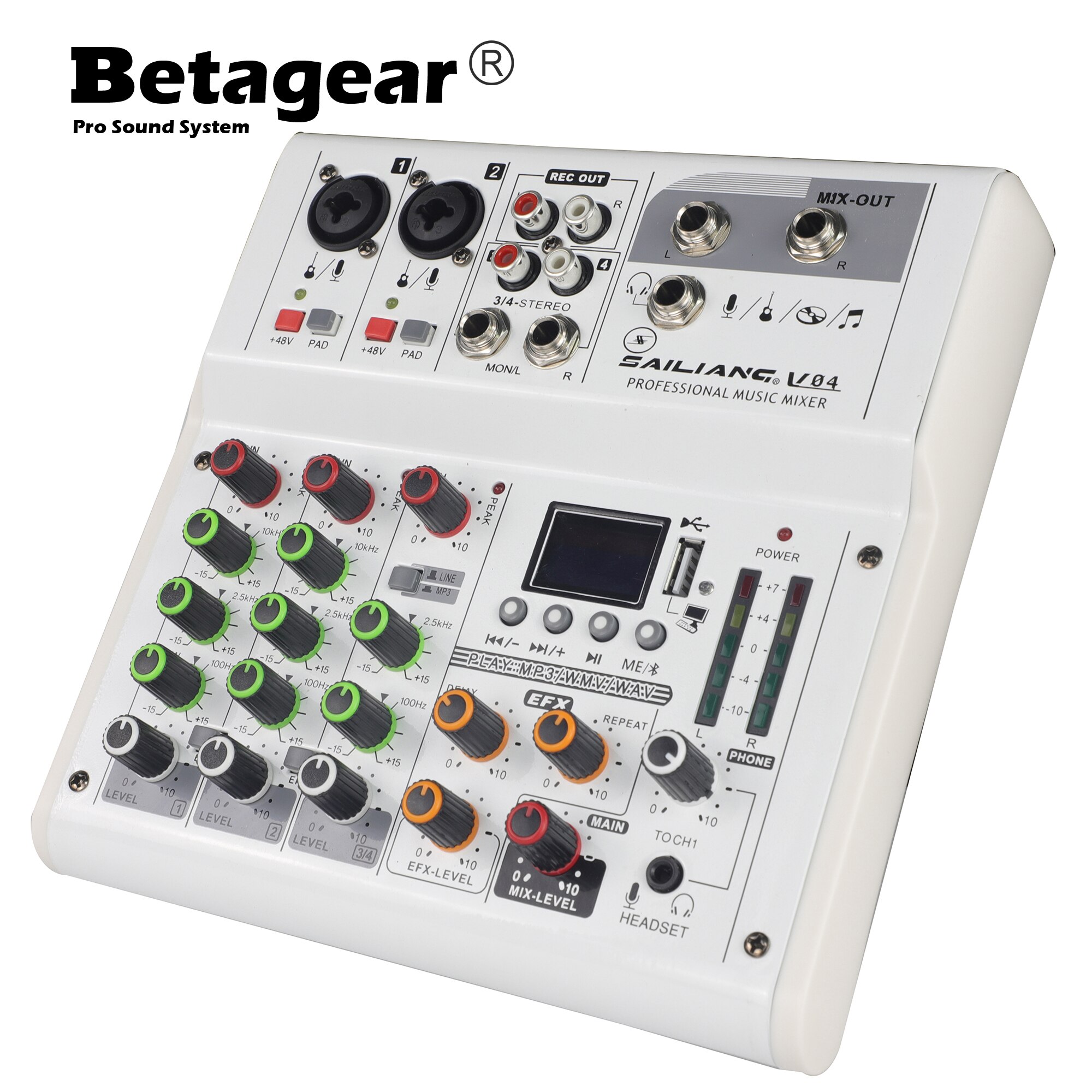 V04 Mini Usb Audio Video Dj Mixer Console Met Bluetooth Computer Afspelen 48V Phantom Power Vertraging Repaeat Effect