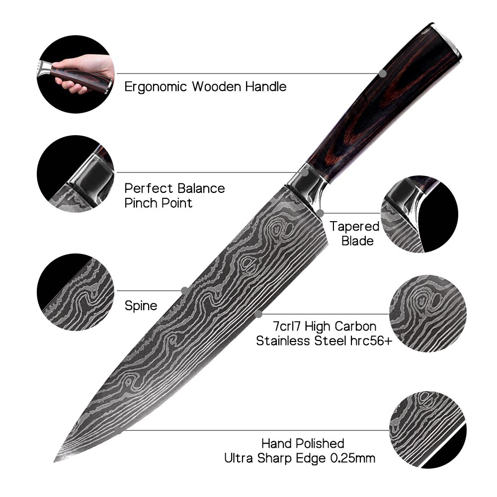 Super 8"inch Utility Chef Knives Imitation Damascus Steel Vein Santoku Kitchen Knives Carving Cleaver Slicing Knife