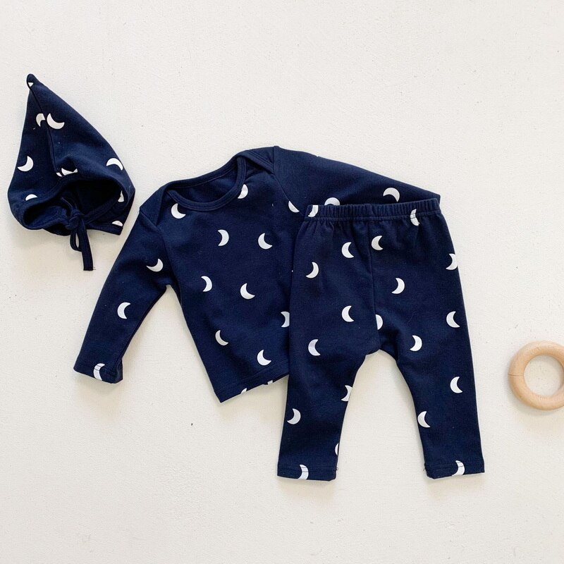 2022 Spring Baby Girl Boy Pajamas 3pcs Sets Long Sleeves Cotton T-shirt+Pants+Cap+Cap Newborn Sleepwear Kids Homewear E3633