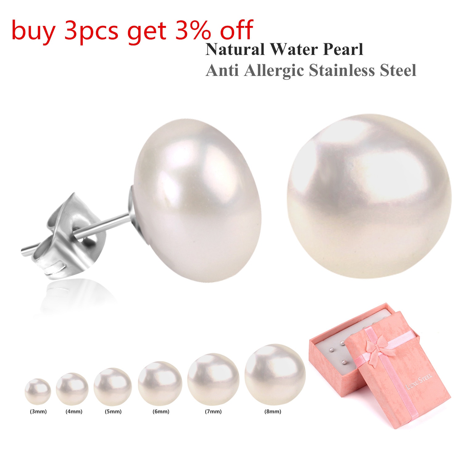 LUXUSTEEL Pink/White Freshwater Pearl Stud Earring Sets Stainless Steel 6pairs/Boxes Earrings For Women Pendientes Mujer Party