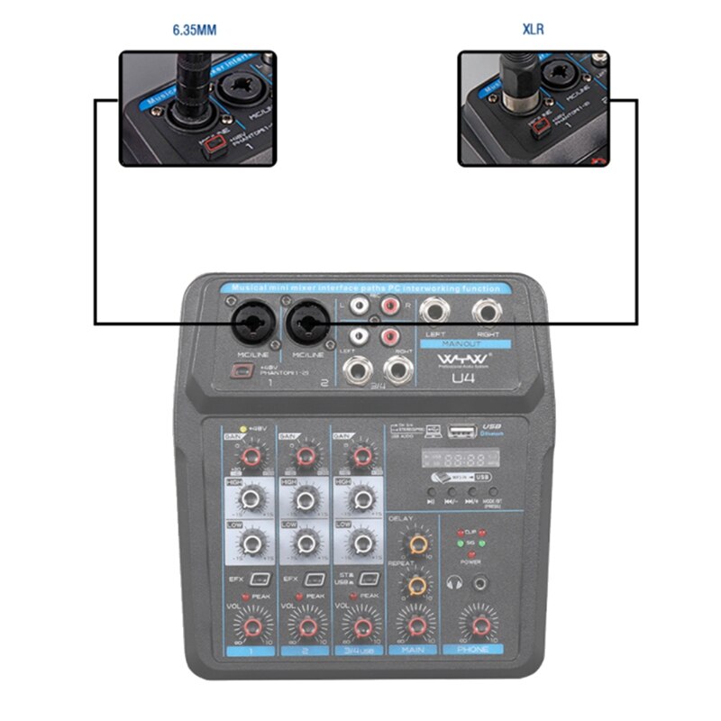 Wyw 4- kanal tragbares digitales audiomischpult mit soundkarte, bluetooth, usb , 48v und phantomspeisung für dj-pc-aufnahmen