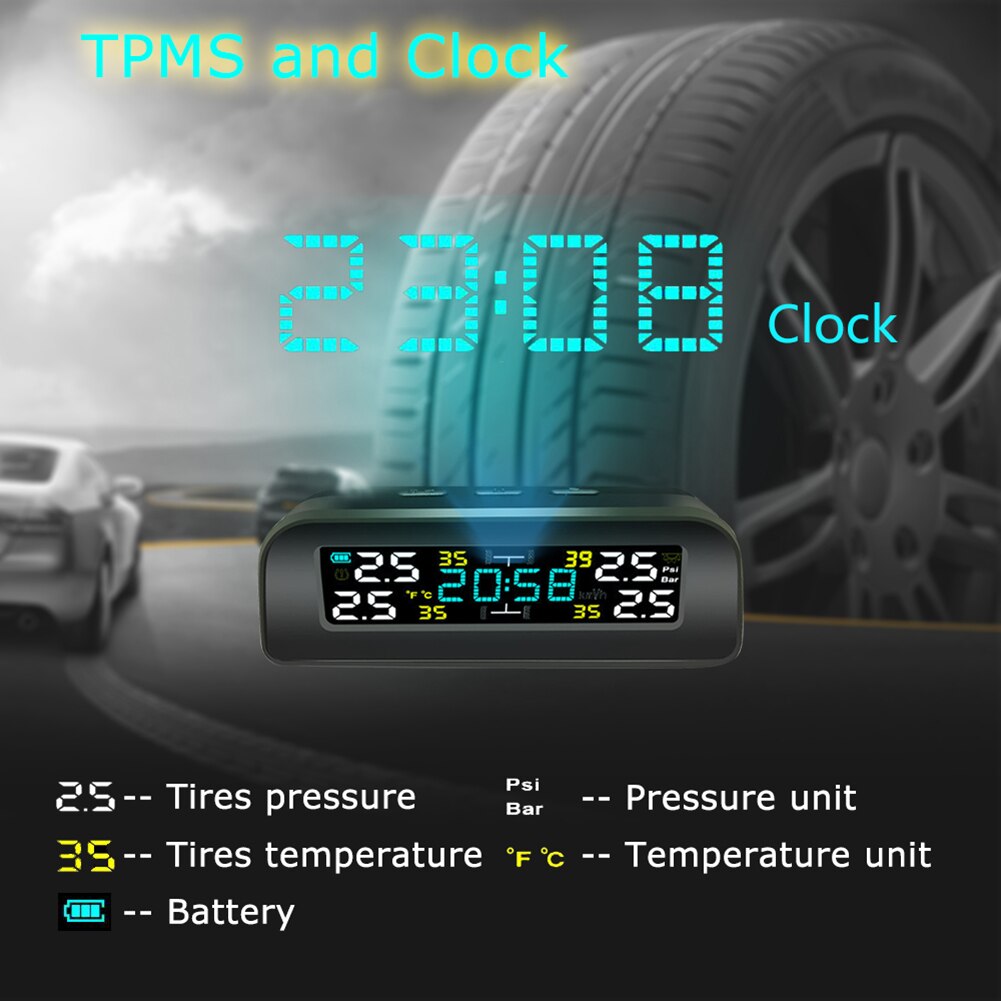 Solar Car TPMS Tire Pressure Monitoring System LCD Clock Time Display Auto Tyre Temperature Alarm With 4 Sensor