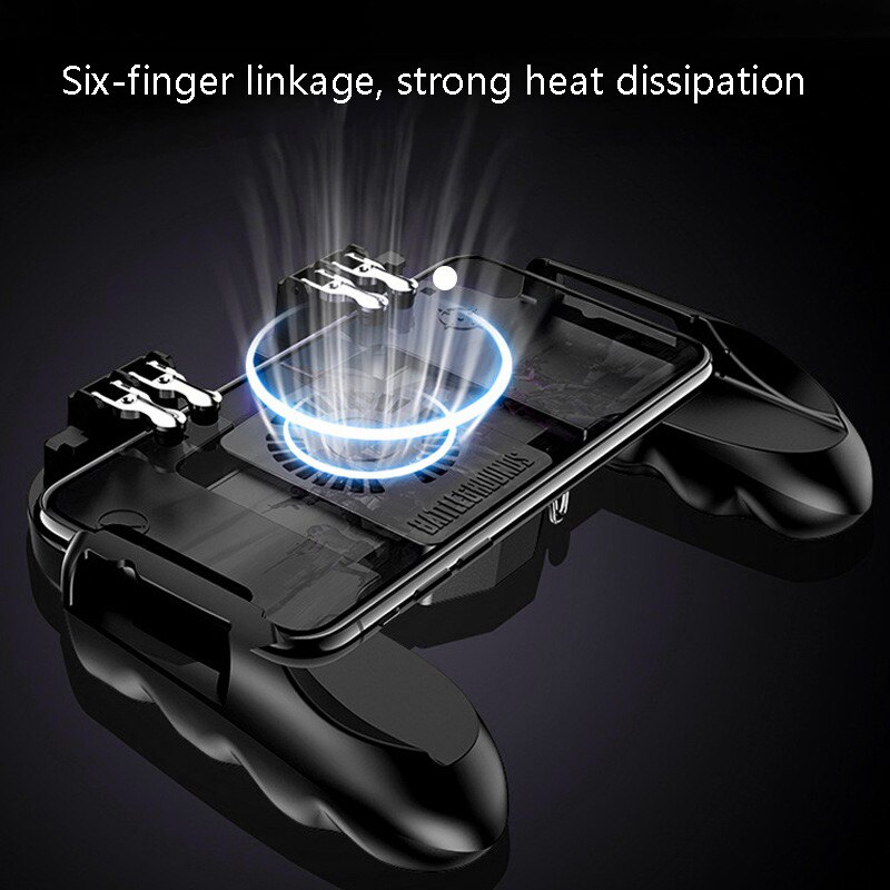 Controlador do jogo h9, gamepad do manche de seis dedos com fã, handlegigger para o jogo móvel de pubg com botão do fogo do radiador