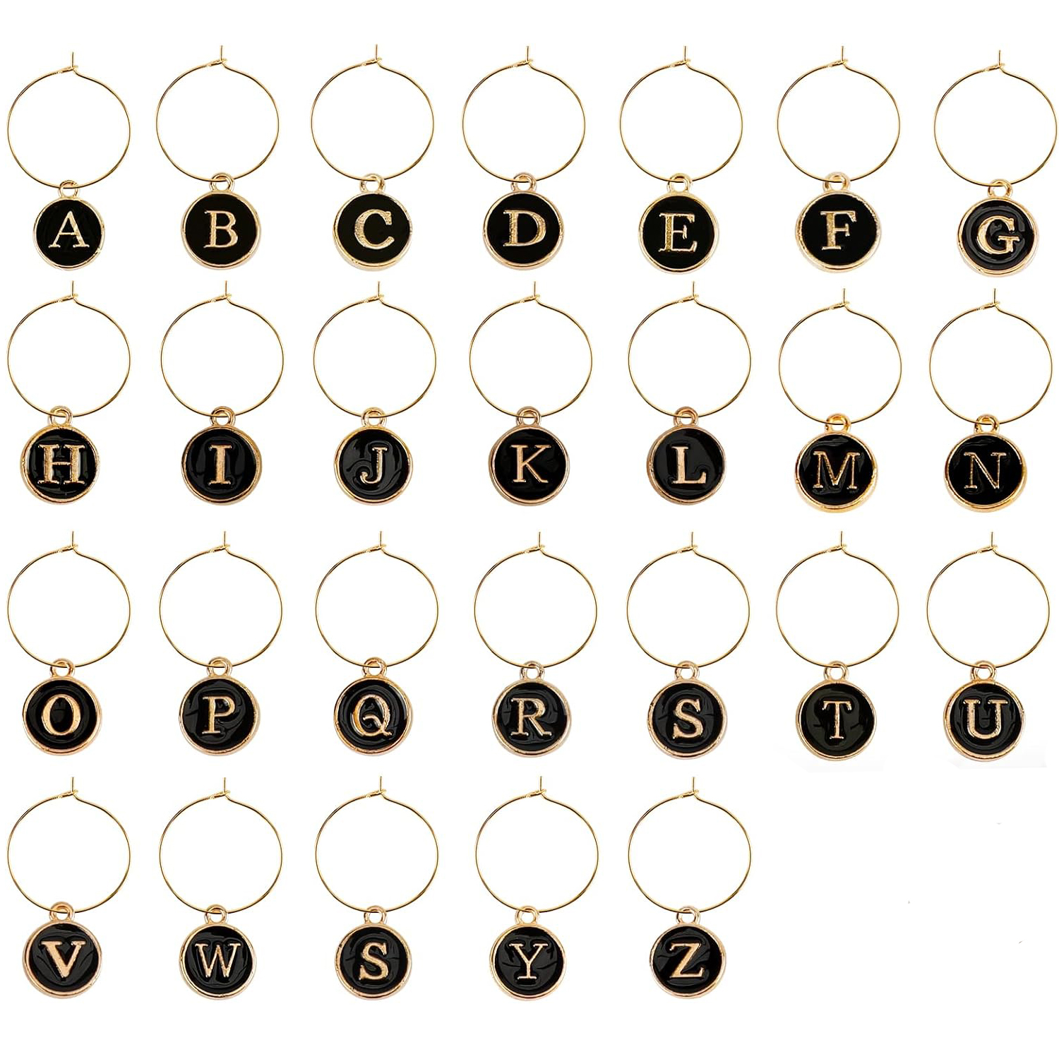 26Pcs Wine Charms for Stem Glasses with Rings Tags Letters Glass Charm Markers Wine Glass Identifier for Party Favors Decoration: black