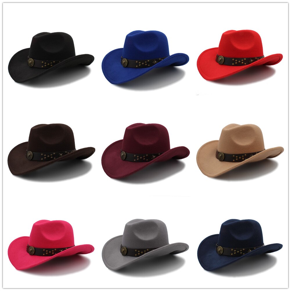 Klassisk kvinder uld chapeu western cowboy hat vinter efterår dame dronning jazz cowgirl sombrero hombre steampunk cap størrelse 56-58cm