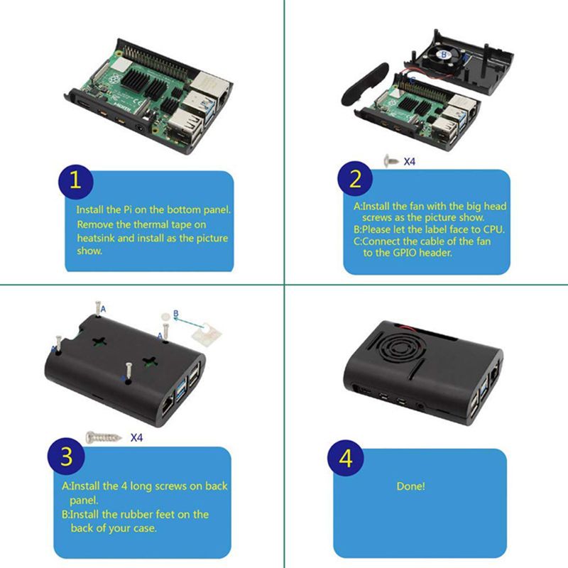 1 PC ABS Plastic Case Protective Cover Enclosure with Cooling Fan Heatsinks for Raspberry Pi 4 Model B Kit Accessories