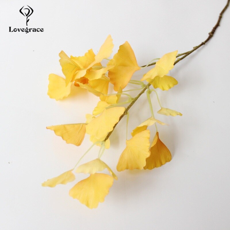Lovegrace konstgjord växt ginkgo blad 3 gafflar jungfruhår träd handgjord grön växt diy bukett blomsterarrangemang ginkgo biloba: Gul
