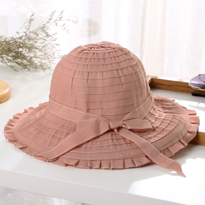 Women Hat Korea Style Bowknot Foldable Large Wide Brim Hats Anti-UV Adjustable Ladies Beach Sun Basin Caps: Light Pink