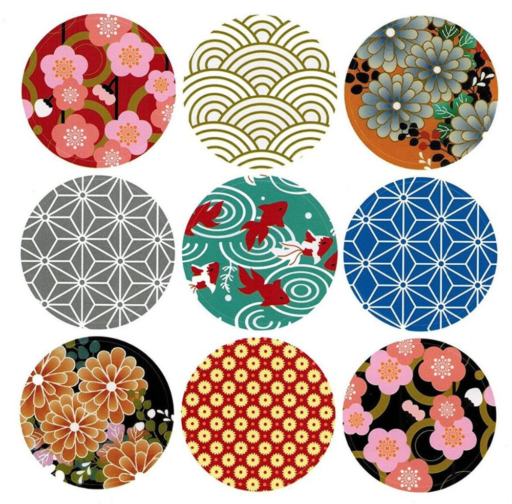 Set van 18 "japanse Stijl" ronde Patroon Zelfklevende Stickers Seal Labels Voor Enveloppen en Dozen [2 vellen van 9 stickers]