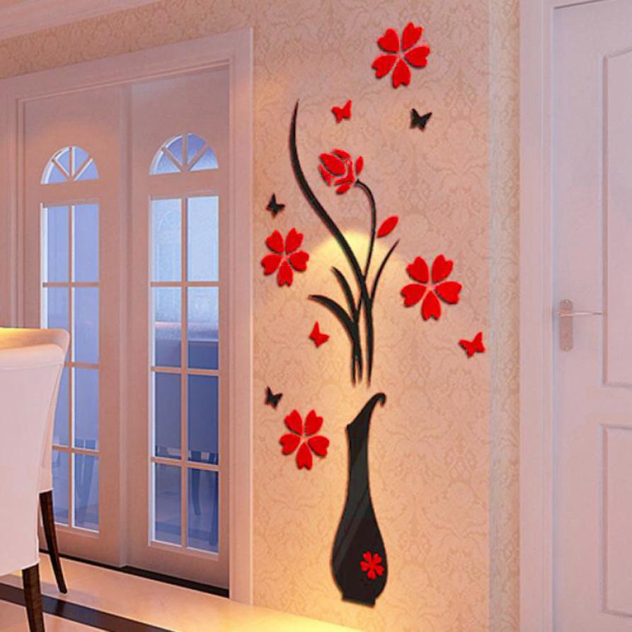 Wall Stickers DIY Vase Flower Tree Crystal Arcylic Sticker 3D Living Room Home Decor Stickers Size 80*40cm
