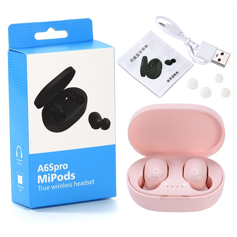 A6 spro tws bluetooth øretelefon trådløs hodetelefon stereo hodesett sport ørepropper mikrofon ladeboks for smartwatch telefon reloj