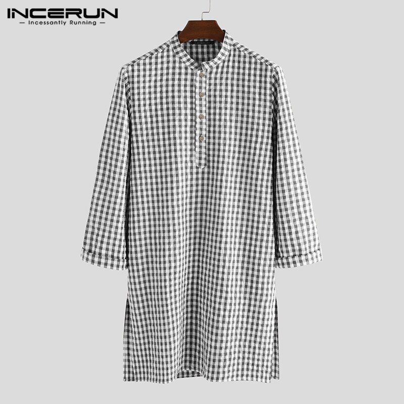 INCERUN Men Long Shirt Plaid Long Sleeve Indian Clothes Streetwear Stand Collar Kurtas Muslim Tops Vintage Casual Men Shirt