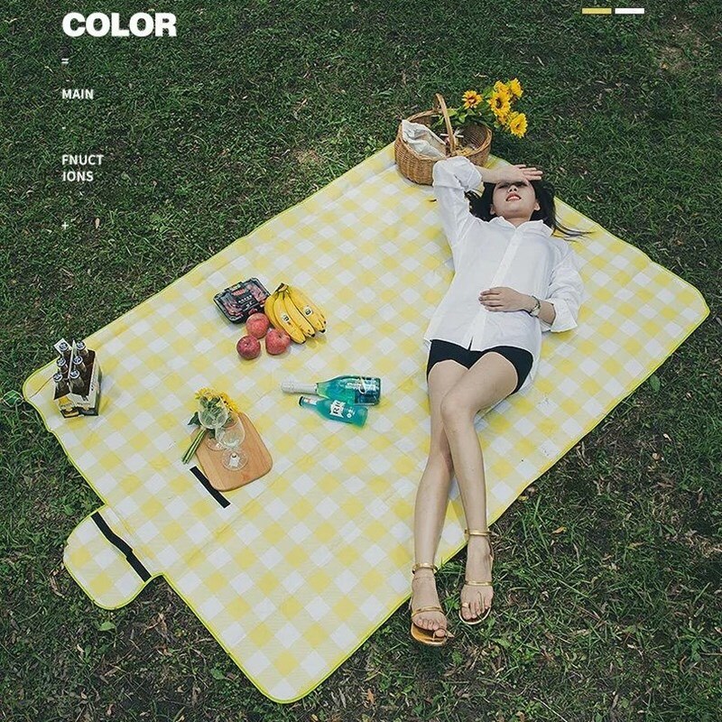Multi-Size Camping Mat Outdoor Waterdichte Plaid Picknick Strand Deken Draagbare Opvouwbare Oxford Grond Mat Voor Multiplayer: Yellow Grid / 200X180cm