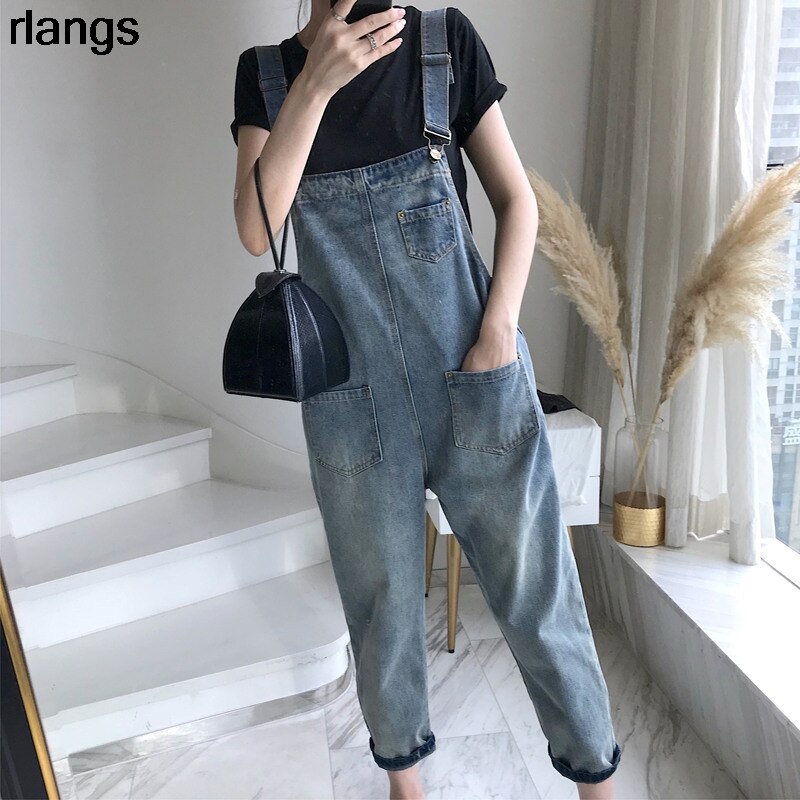 Net Red Denim Overalls Women's Spring And Summer Loose Korean Student Monster Cute Nine-Point Jeans XS-2XL