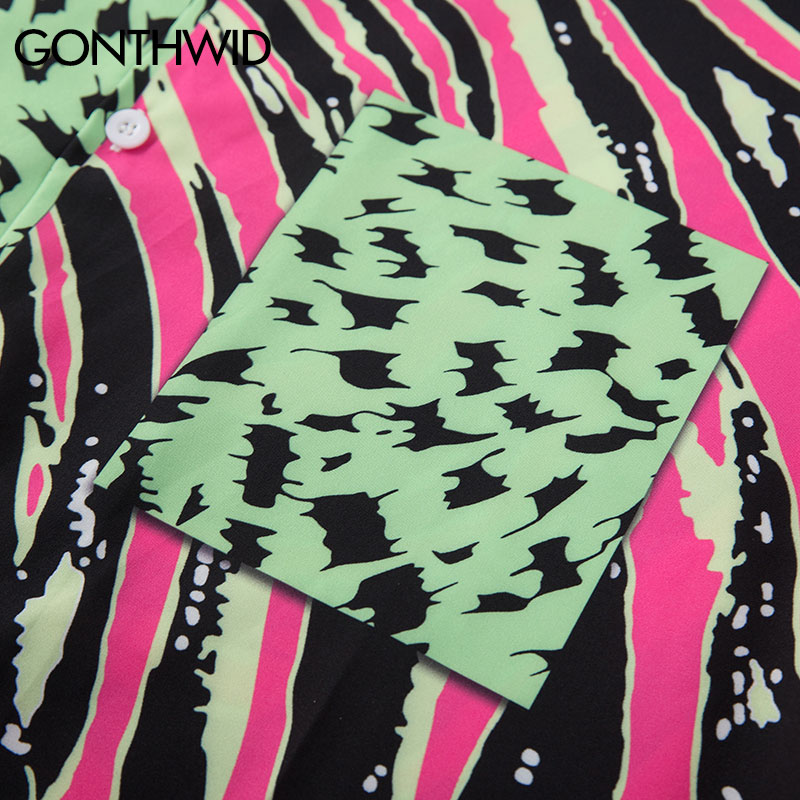 Gonthwide zebra striber leopard prikker print farve blok patchwork lomme korte ærmer hawaiian skjorter sommer casual knap toppe
