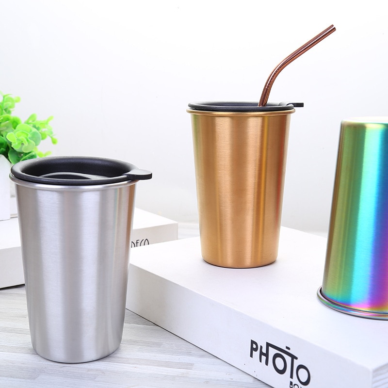 304 Stainless Steel Cup Anti-fall Beer Juice Cup Office Household Simple Metal Coffee Cold Drink Cup Straw Set