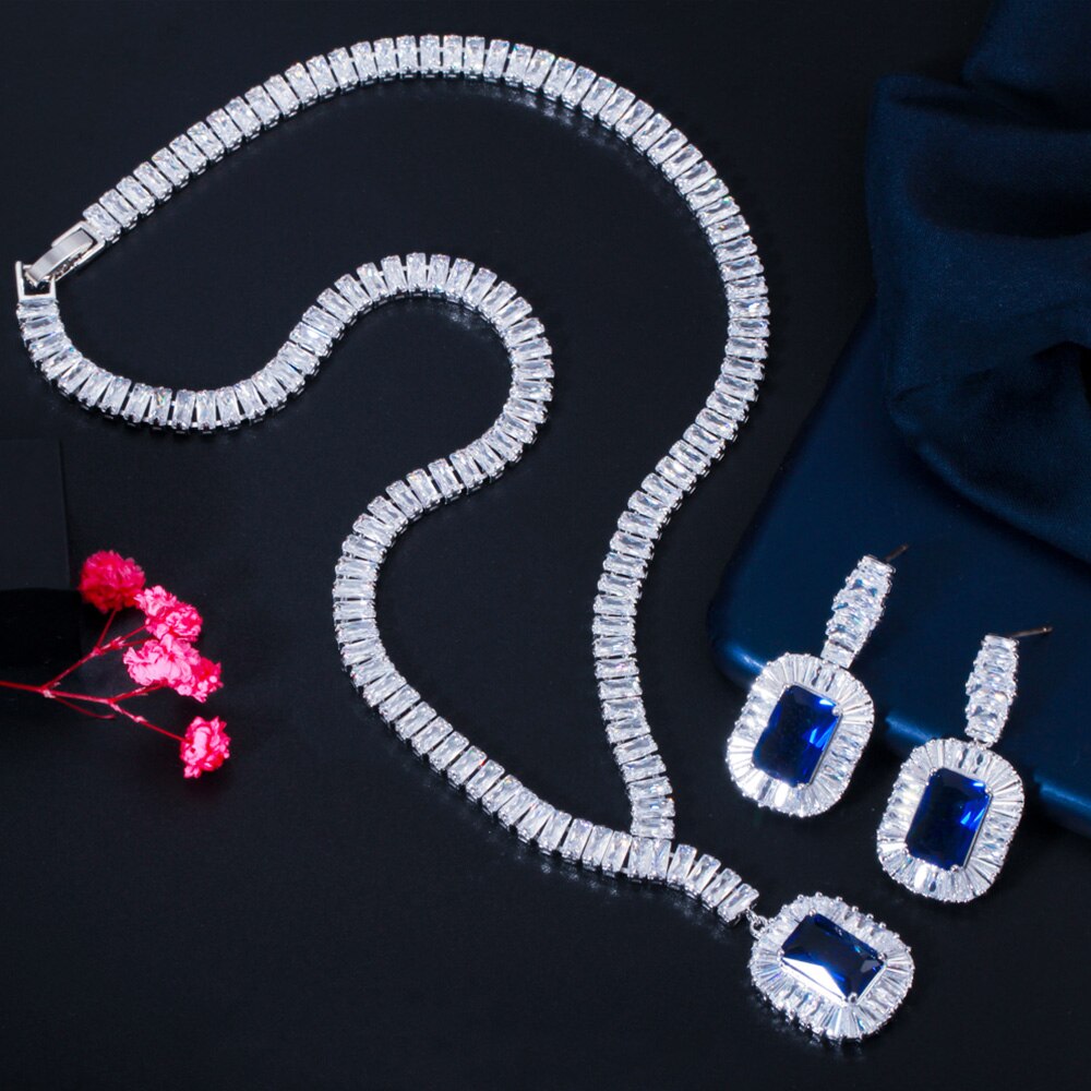 Pera Royal Blue Zirconia Big Dangle Plein Bridal Bruiloft Kostuum Ketting Oorbellen Sieraden Sets Voor Vrouwen J412