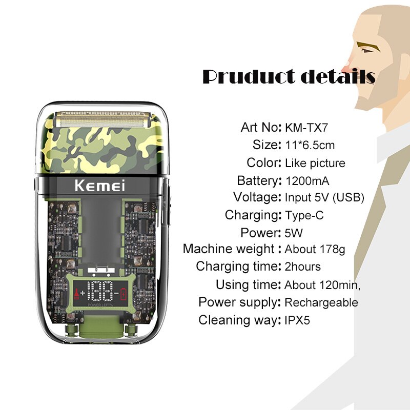 Kemei Transparent Electric Shaver Men Electric Razor Rechargeable Beard Shaver Floating Face Care Shaving Machine