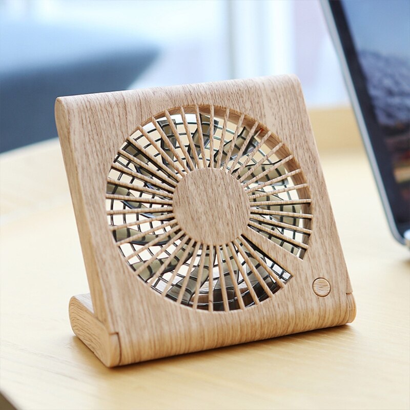 Small Fan Desktop Student Standing Air Cooler Wood Grain Mini Notebook Folding Fan USB Charging