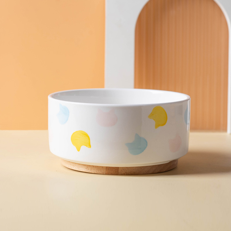 Ceramics Dog Bowl with Wood Mat Wide Mouth Feeding Bowls Food and Water Pet Feeder for Cat Puppy Protecting Cervical Spine: M / VIOLET/紫罗兰