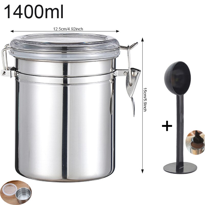 Stainless Steel Airtight Coffee Container Storage Canister Set Coffee Jar Canister With Scoop For Coffee Beans Tea 700ml/1400ml: Silver 1400ml