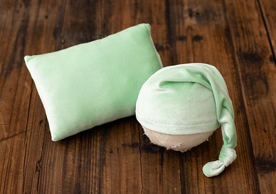 Sammet tvådelad hatt+ kudde spädbarn tema serie set nyfödd baby fotografering rekvisita: Ljusgrön