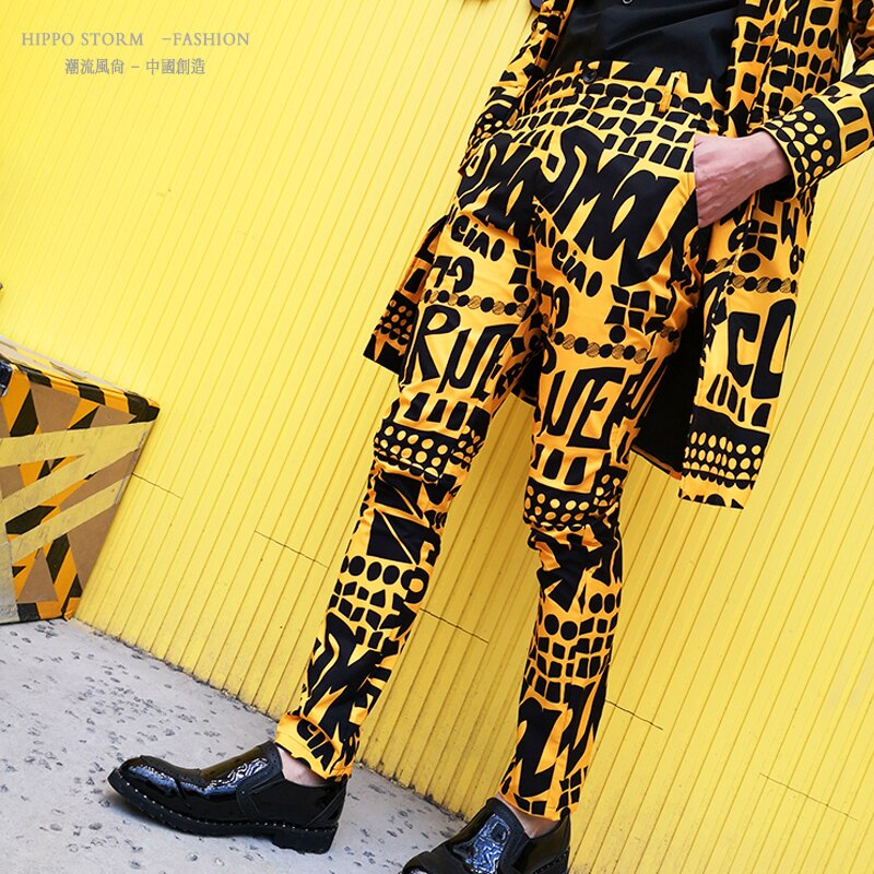 Hommes jaune lettre imprimé Floral costume pantalon Hip Hop discothèque scène chanteur DJ mâle pantalons décontractés chanteur scène