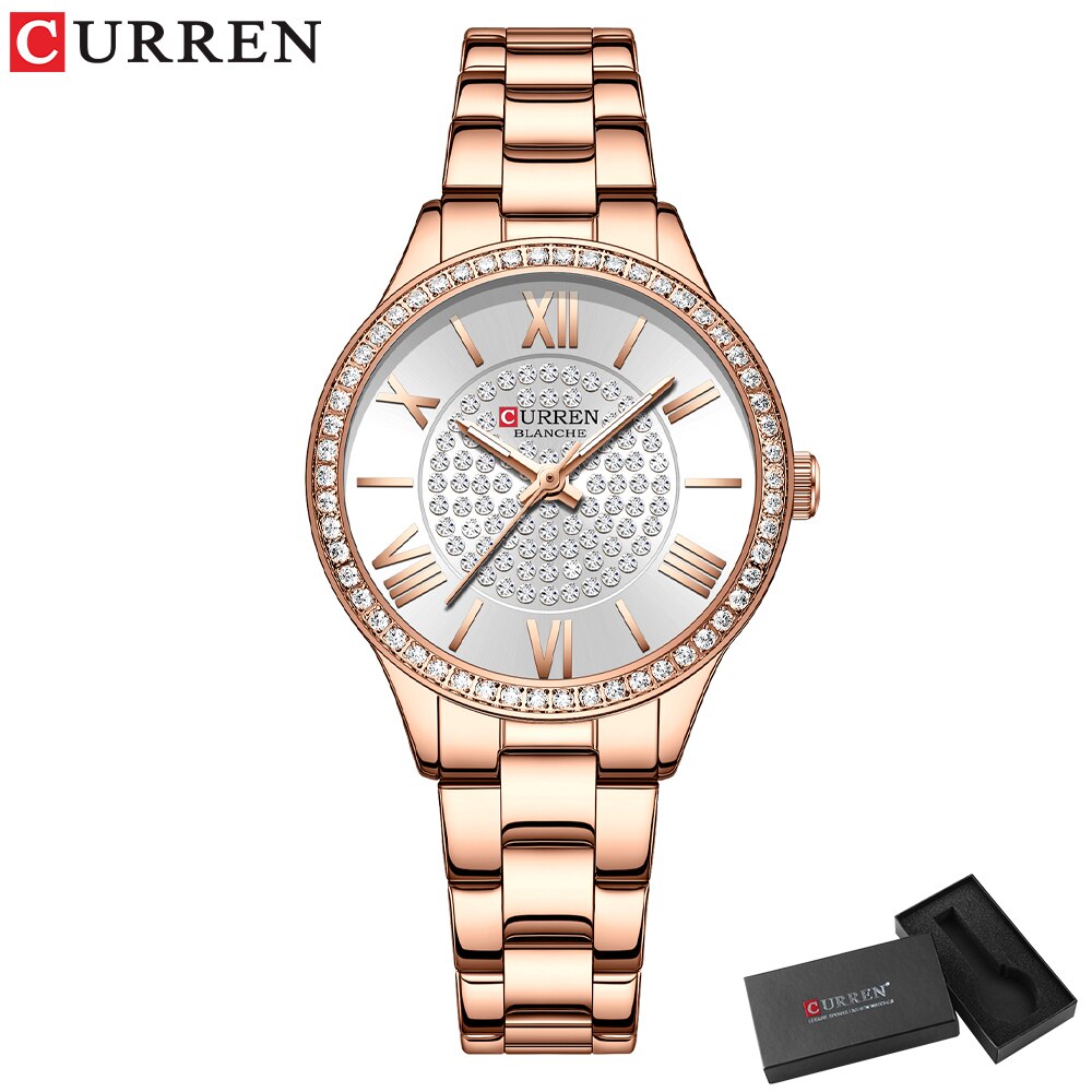 Curren Luxe Golden Dial Horloges Voor Vrouwen Met Rvs Band Mode Strass Dames Horloge Met Lichtgevende: rose white box