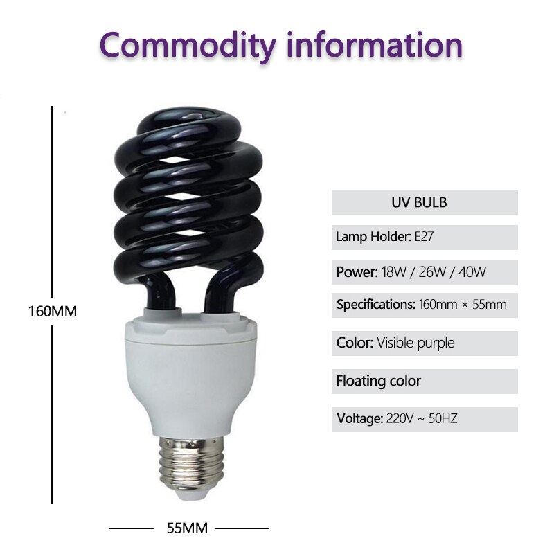 E27 30w 40w blacklight baixa energia cfl uv espiral lâmpada parafuso germicida tubo reto preto luz uv uv uv luz uv