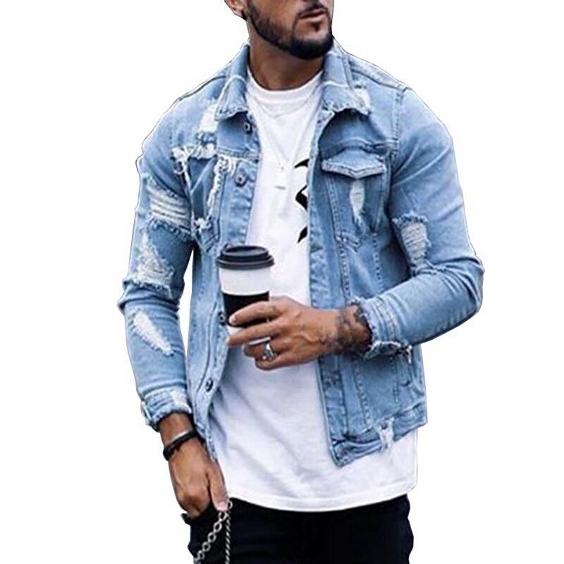 Bomber Gat Dunne Gescheurd Gat Denim Jas Lente Herfst Mannelijke Cowboy Jeans Jassen Jas Heren Denim Jas Heren Trendy: XXXL
