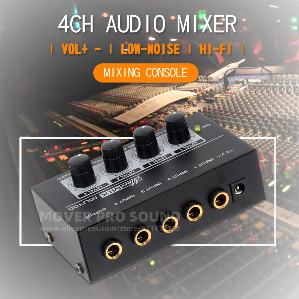 4 Channel Mini Audio Mixer Recording Mixing Console Line In Out Hub For PA System AMP Speaker Synthesizer Aerophone Sound Desk