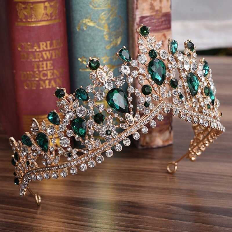Luxe gouden rode strass bruids tiara's kroon vintage barok kristal diadeem voor bruiden hoofdbanden bruiloft haaraccessoires: Goudgroen