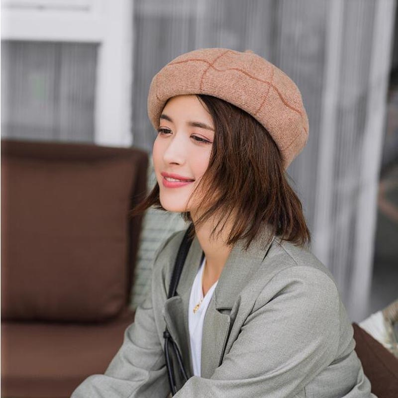 Boinas de invierno a cuadros para mujer Vintage de lana de punto sombreros femeninos estilo británico gorro de señora gorro de pintor sombreros de niña boina