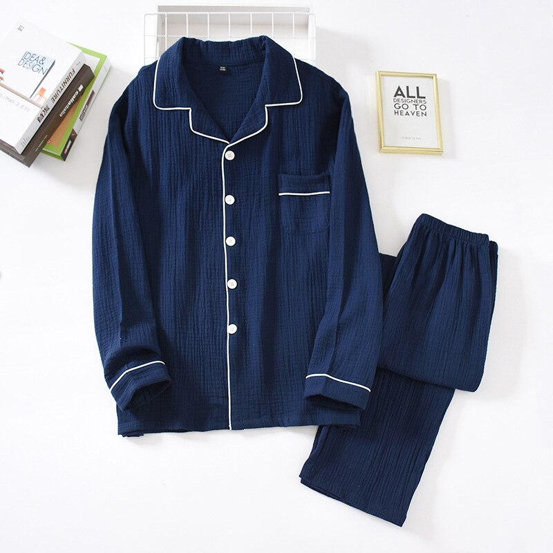 Lente En Herfst Mode Paar Pyjama Crêpe Katoen Ademende Broek Lange Mouwen Eenvoudige Effen Kleur Home Service Pak: Royal blue male / M