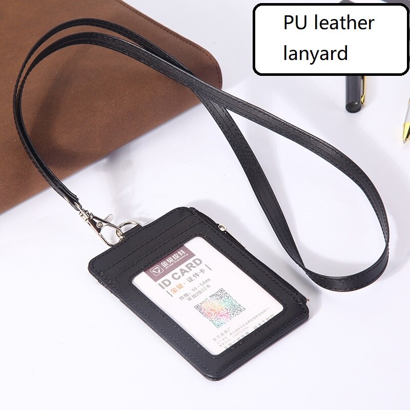 Pu Lederen Id Badge Houder Met Rits Porte Bus Pass Case Cover Slip Mannen Vrouwen Bank Credit Card Houder met Polyester Lanyard: Black PU leather