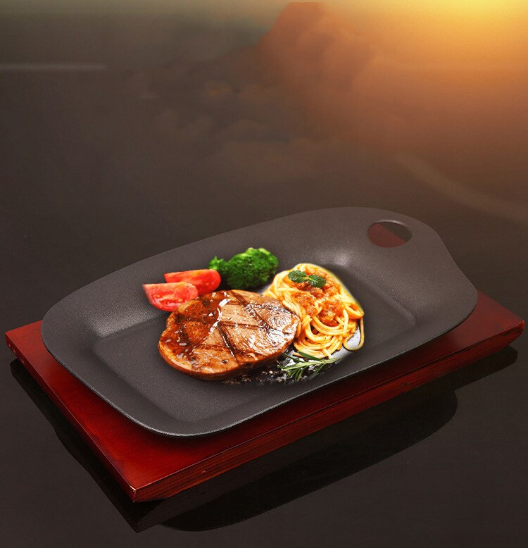 Cast Iron Roasting Steak Pan Non Stick Roast Enamel Fried Pot Plate Frying Pan Wooden Base Holder Cookware Gas Oven Electric