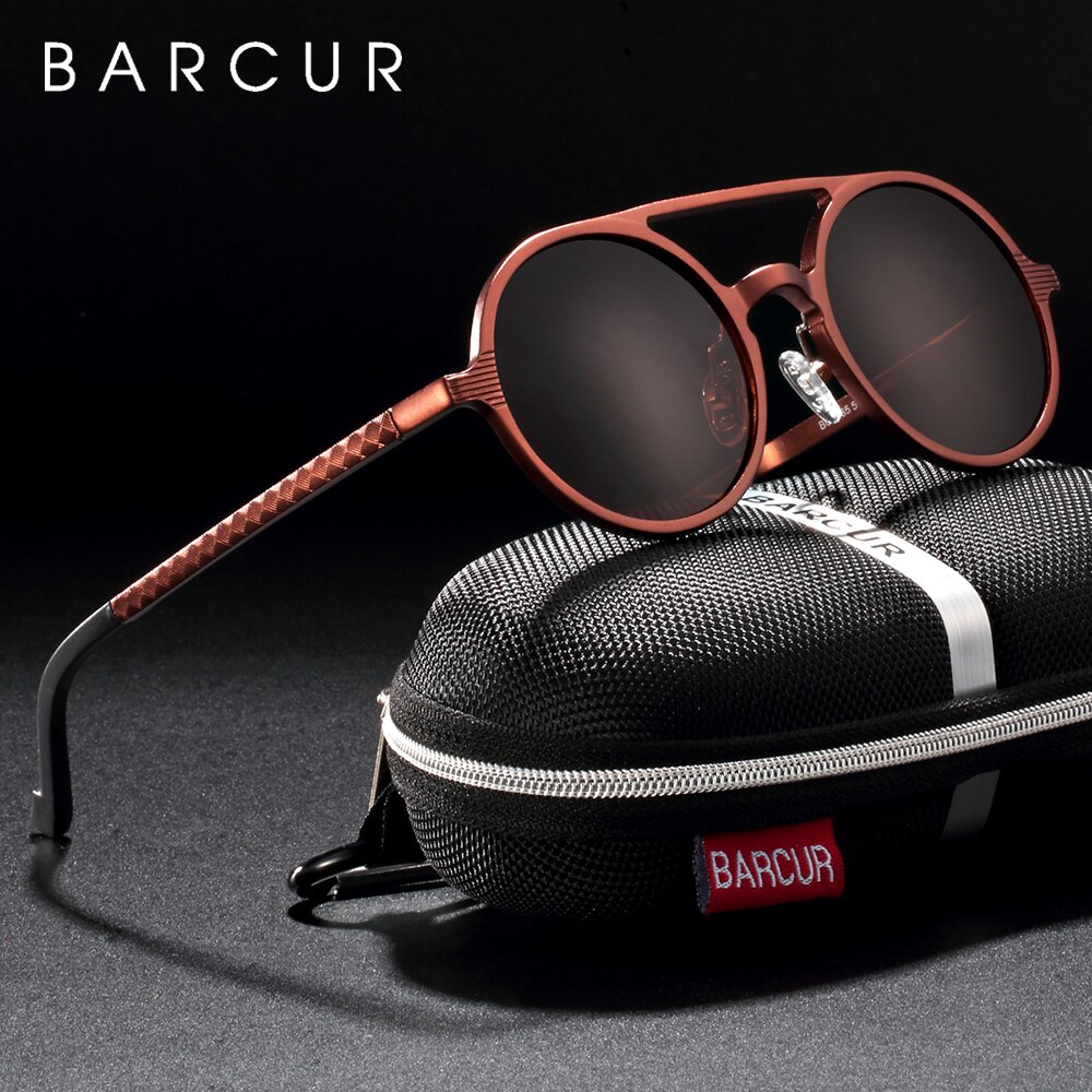 Barcur vintage aluminium magnesium solglass menn polariserte solbriller runde steampunk nyanser merkebriller